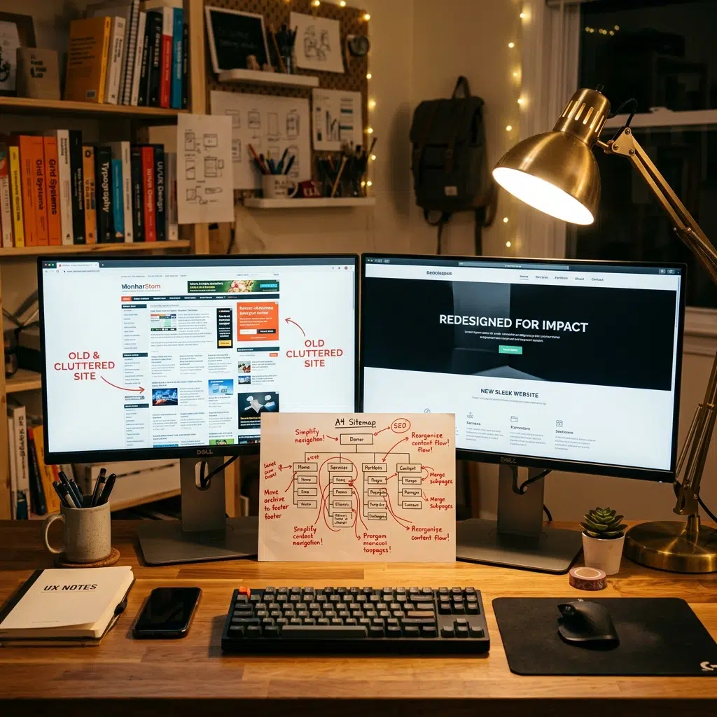 Old and new website designs side by side with an annotated sitemap