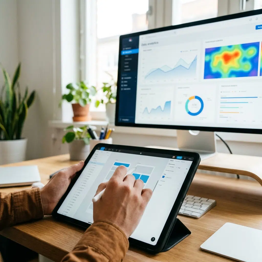 Designer reviewing an analytics dashboard with heatmap data while editing a webpage layout