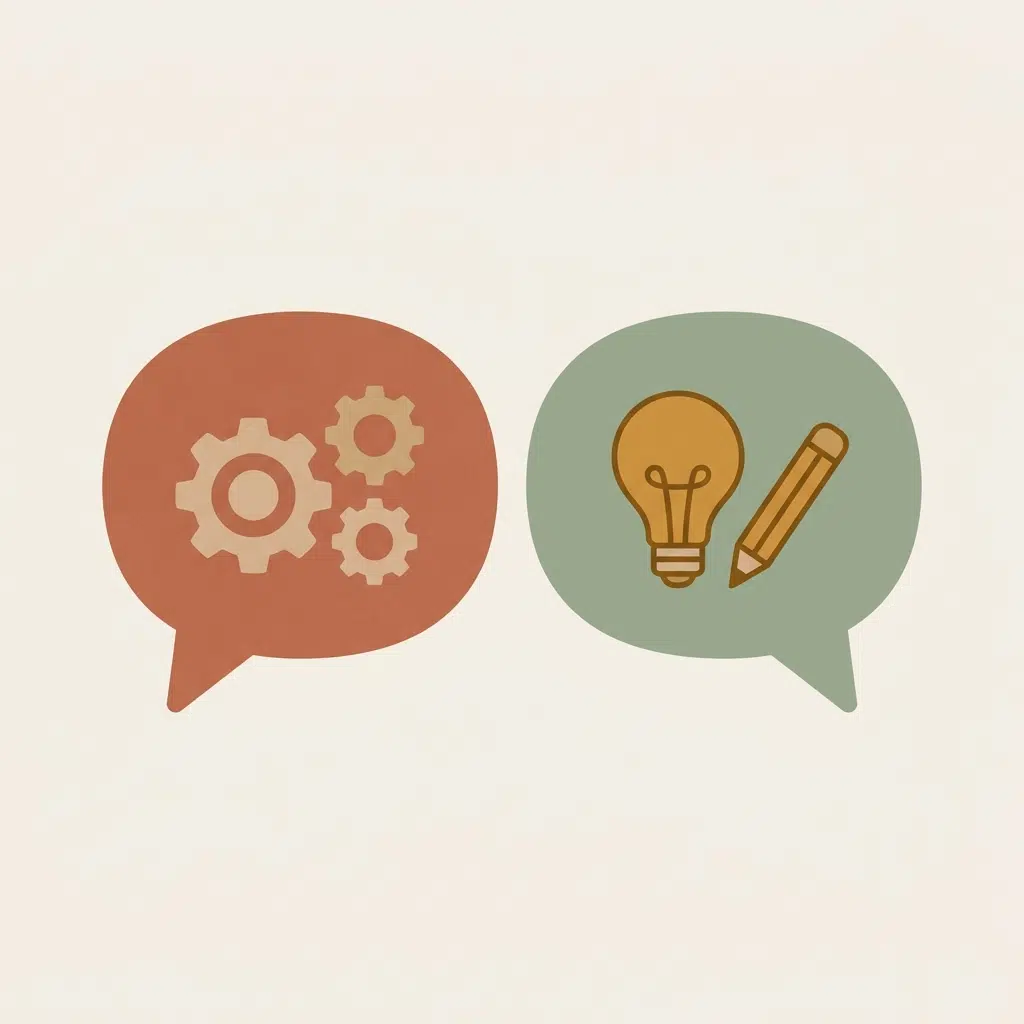 Two speech bubbles illustrating the difference between AI automation and human design judgement