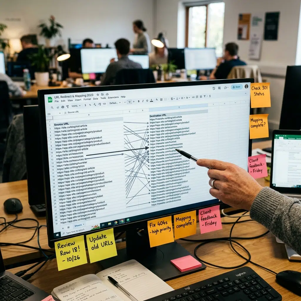 301 redirect map spreadsheet with old and new URLs