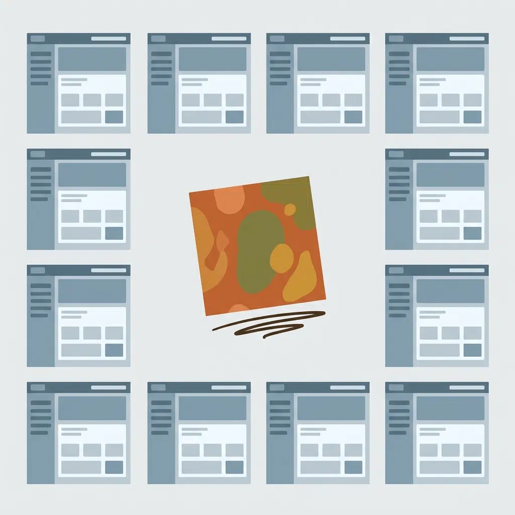Grid of identical website homepages with one hand-drawn, human-first design breaking the pattern