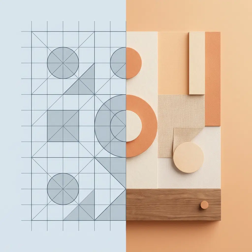 Split illustration comparing a wireframe grid to a finished AI-assisted webpage layout