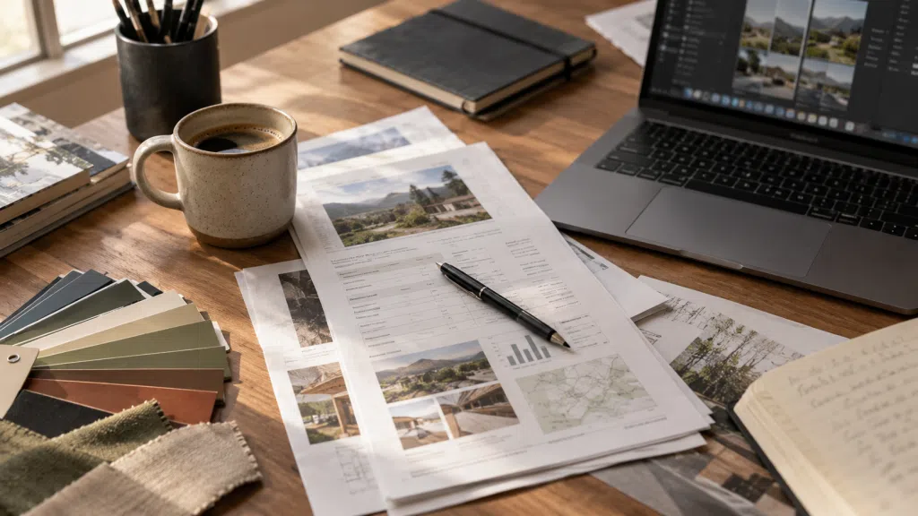 Printed website proposal and cost breakdown on a studio desk beside a laptop