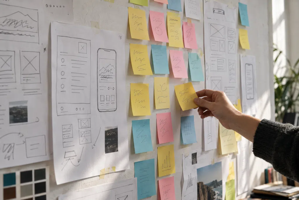 Wall of sticky notes and wireframe sketches mapping out a website build scope